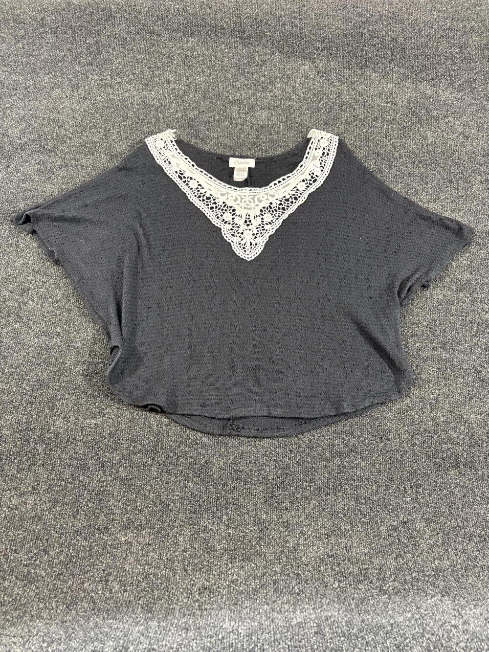 Starlet Blouse Womens S/M Gray Crochet Lace V Neck Cropped Dolman Knit Top